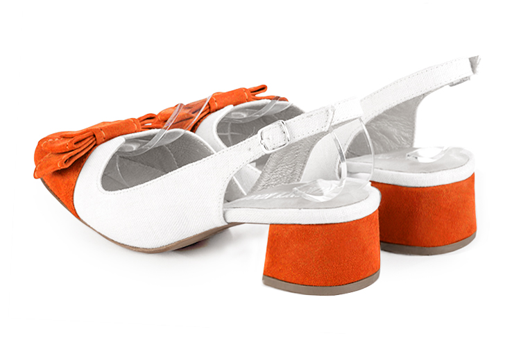 Clementine orange and pure white women's open back shoes, with a knot. Round toe. Low flare heels. Rear view - Florence KOOIJMAN